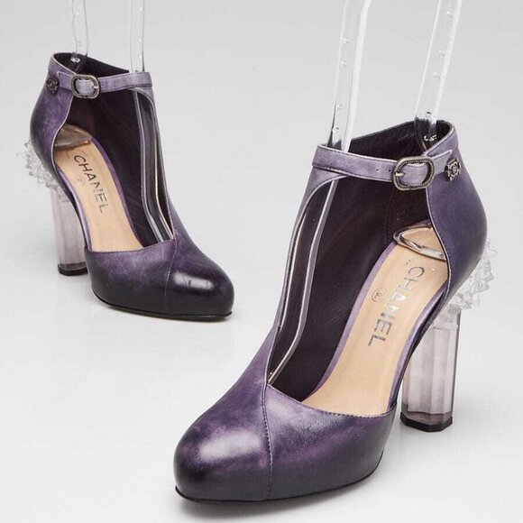 Chanel Purple Leather Crystal CC Pumps Size 6.5/37 - Picture 1 of 6